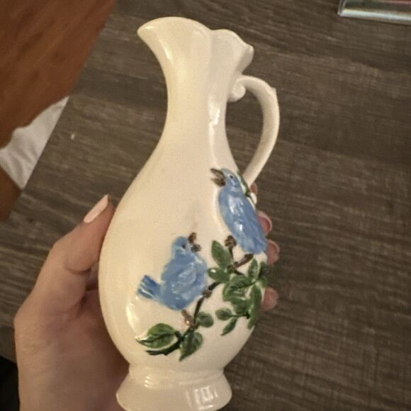 SOLD Bud Vase Pitcher Blue Birds 6" Tall Signed Vintage 1982 Hand Painted Office - Picture 7 of 10